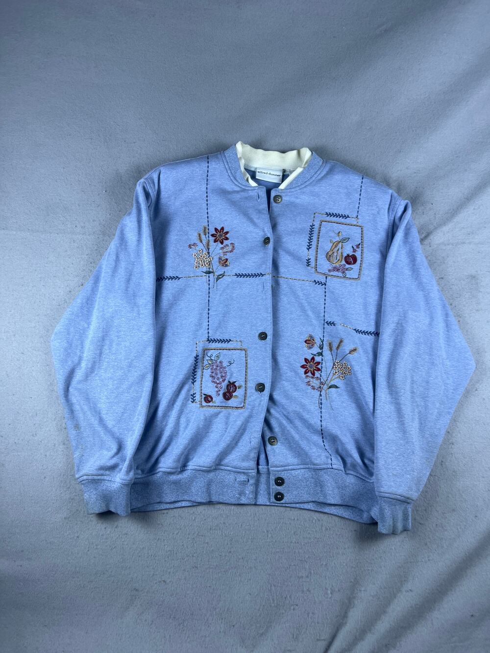 Alfred Dunner Jacket Womens S Blue Floral Fruit Beaded Embroidered Sweater